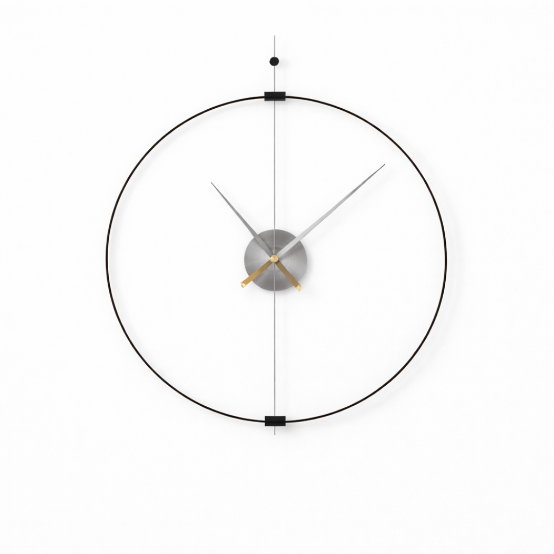 Grande Horloge murale design minimaliste MINIMA 60 cm bois de noyer et acier au carbone