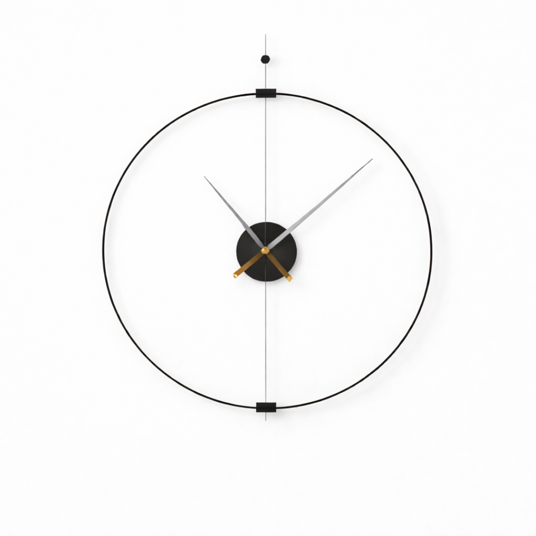 Grande Horloge murale design minimaliste MINIMA 60 cm bois de noyer et acier au carbone