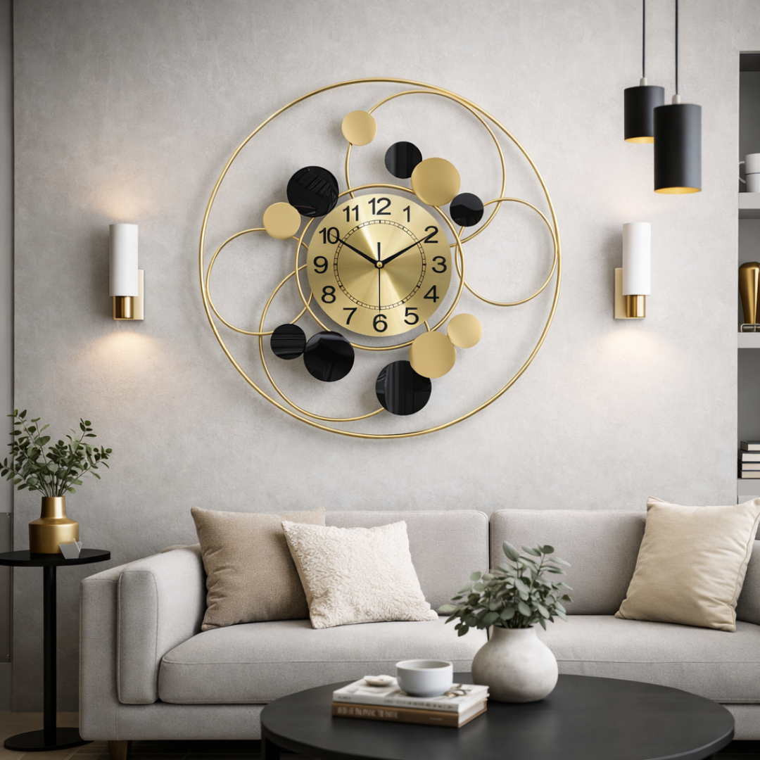 Grande Horloge murale design SIRKLE 60 cm métal or et noir