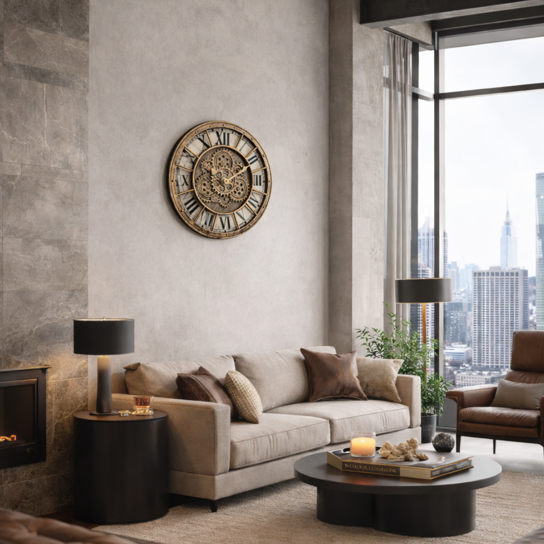 Grande Horloge murale design steampunk PÜNK 46cm métal et bois