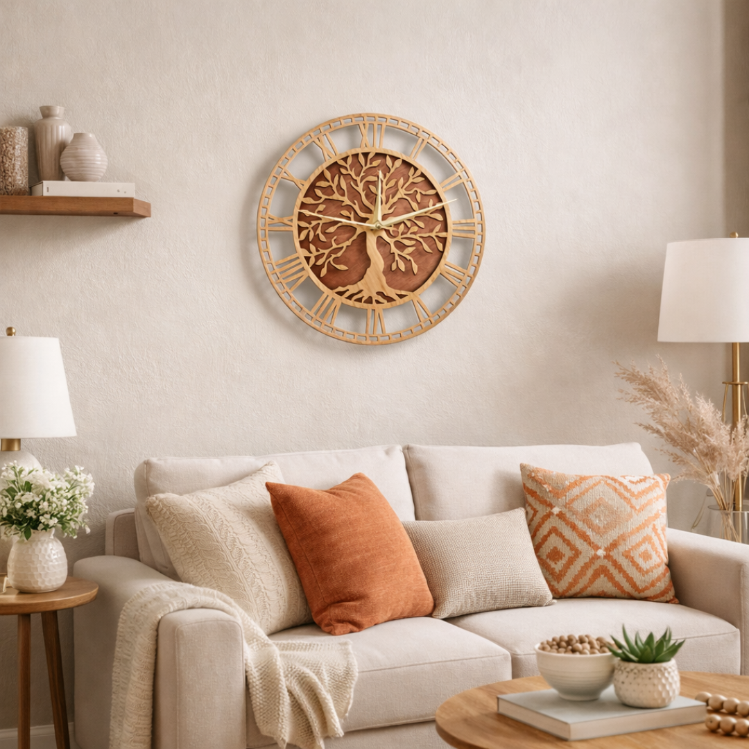 Grande Horloge murale arbre de vie EIK 30/40cm bambou et bois