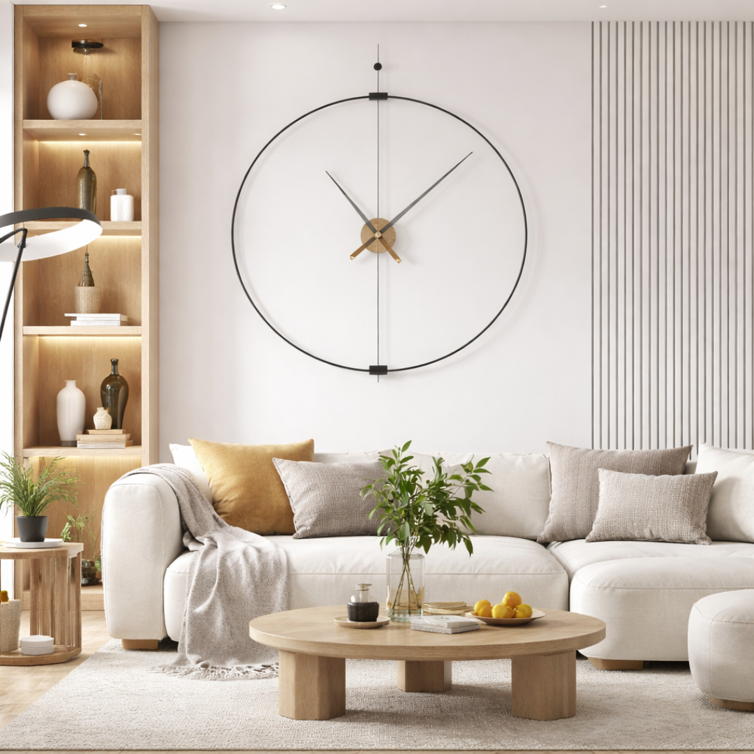 Grande Horloge murale design minimaliste MINIMA 60 cm bois de noyer et acier au carbone