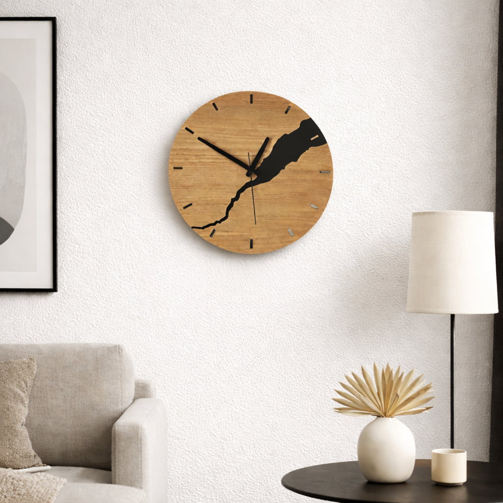 Grande Horloge murale FISSURE NOIR 30 cm en bambou et bois