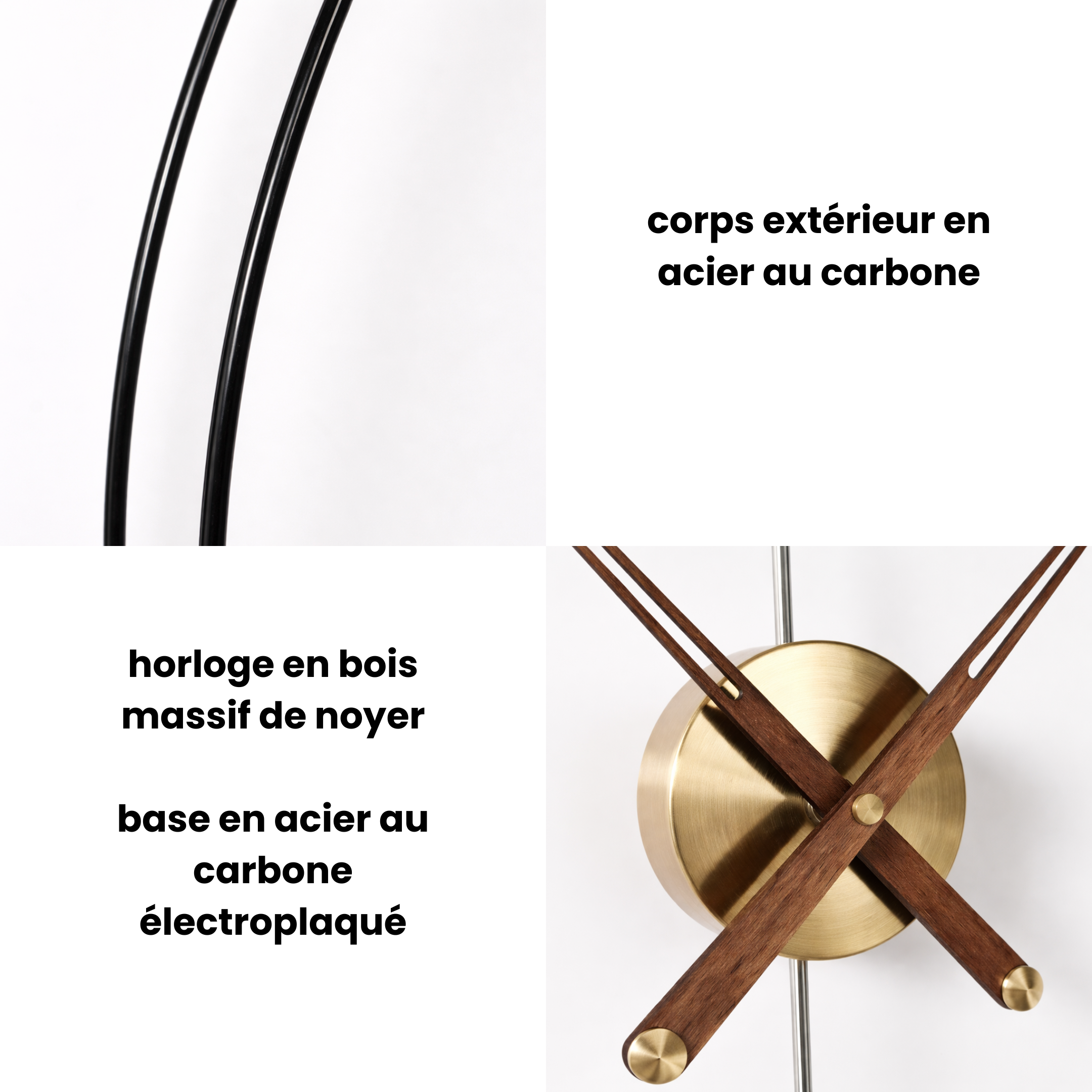 Grande Horloge murale design minimaliste MINIMA 60 cm bois de noyer et acier au carbone