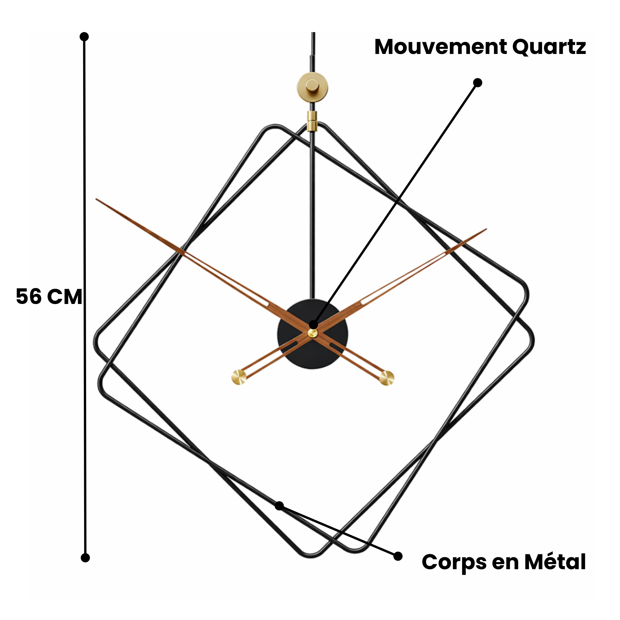 Grande Horloge murale design DIAMANT 56cm en métal