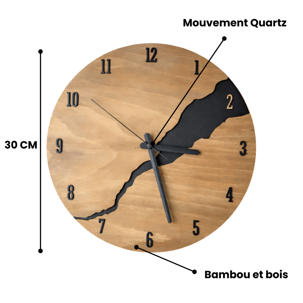 Grande Horloge murale FISSURE NOIR 30 cm en bambou et bois