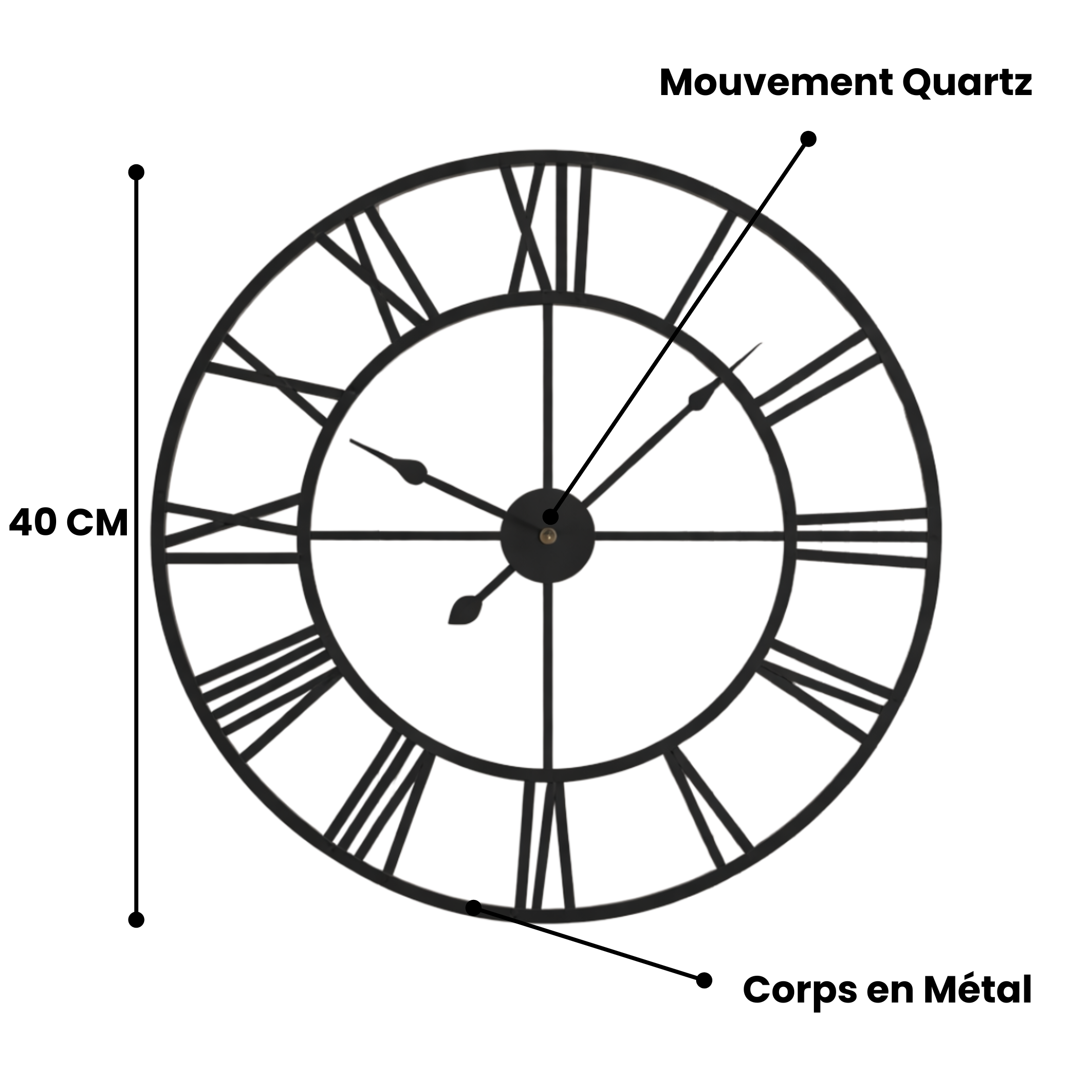 Grande Horloge murale design romaine EPURE 40 cm en métal