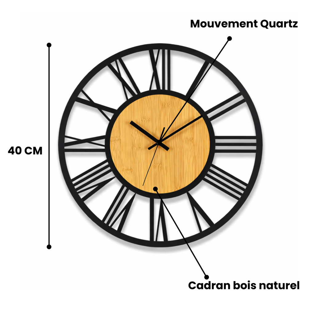 Grande Horloge murale design scandinave KLØKKLE 40 cm bois et métal