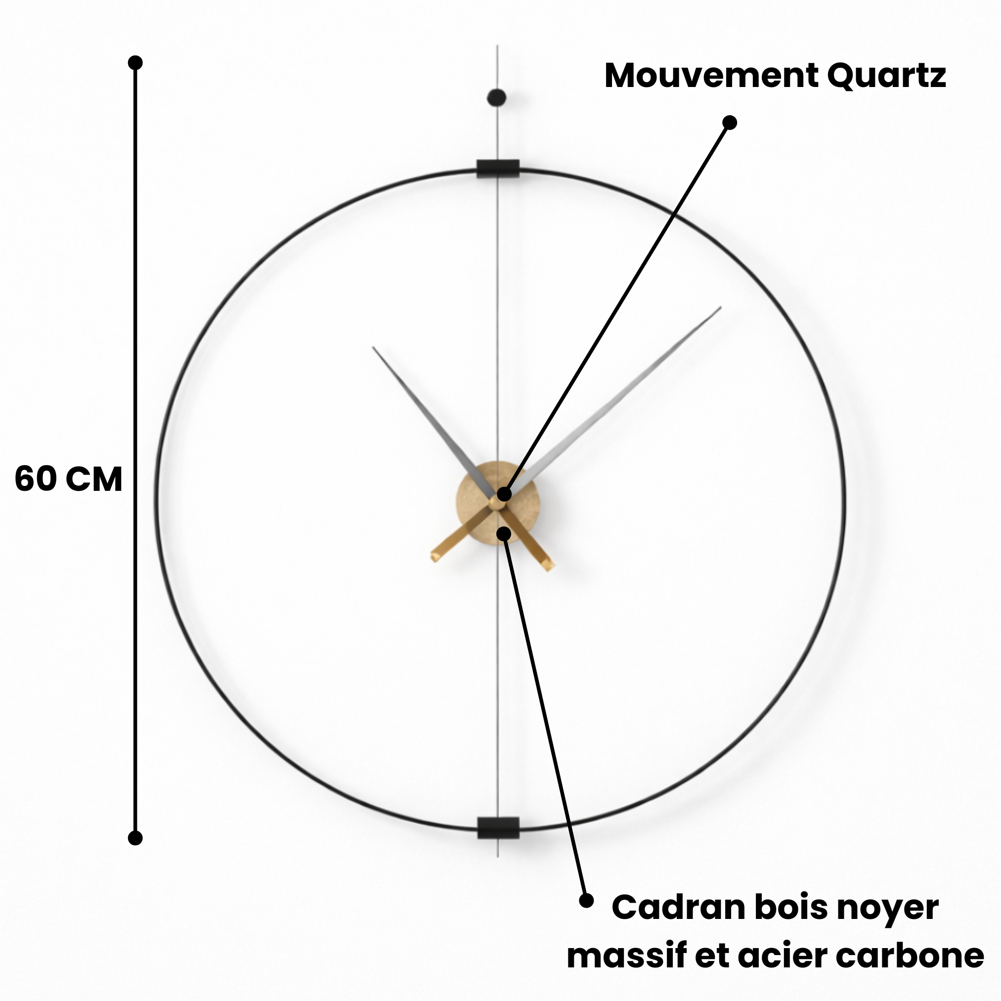 Grande Horloge murale design minimaliste MINIMA 60 cm bois de noyer et acier au carbone