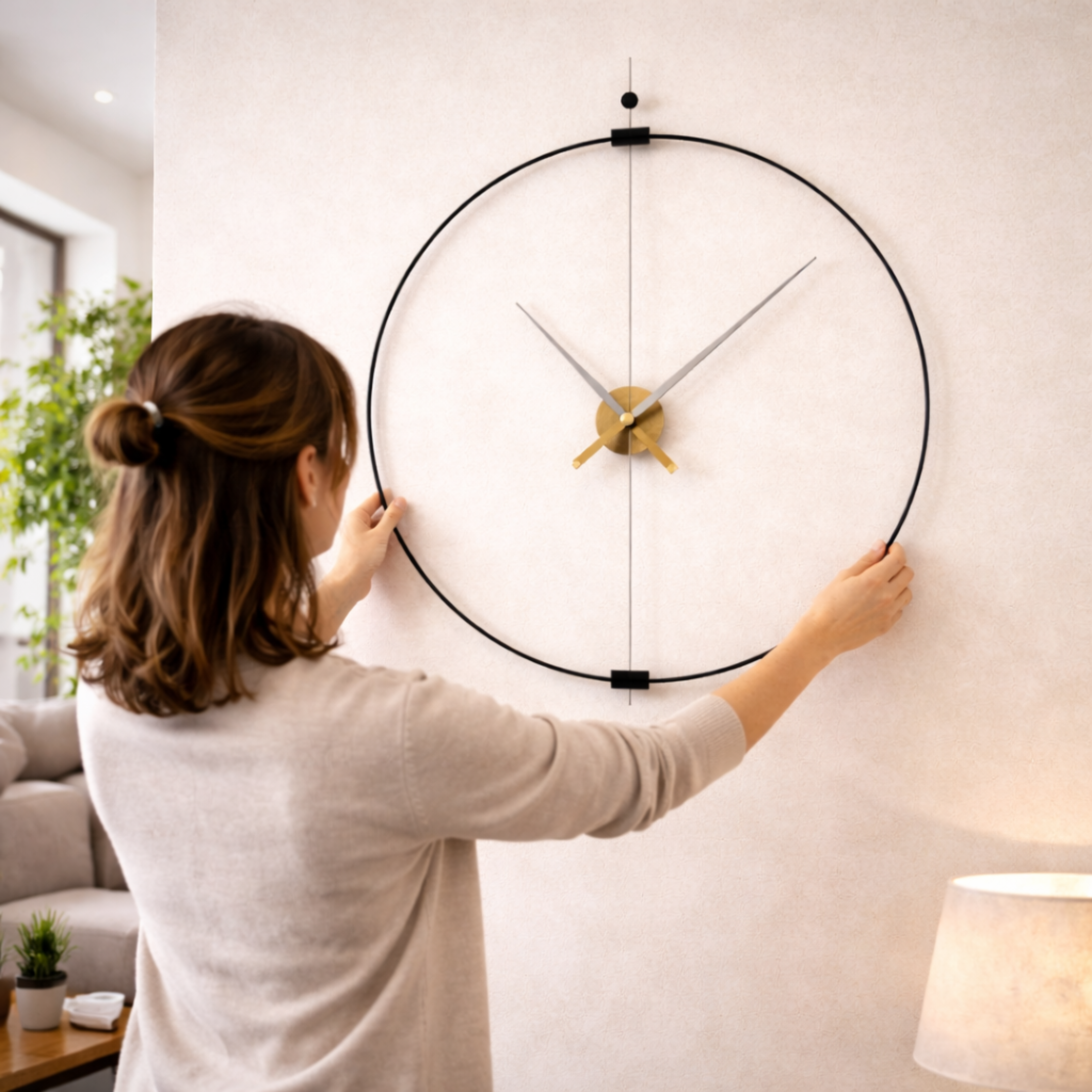Grande Horloge murale design minimaliste MINIMA 60 cm bois de noyer et acier au carbone
