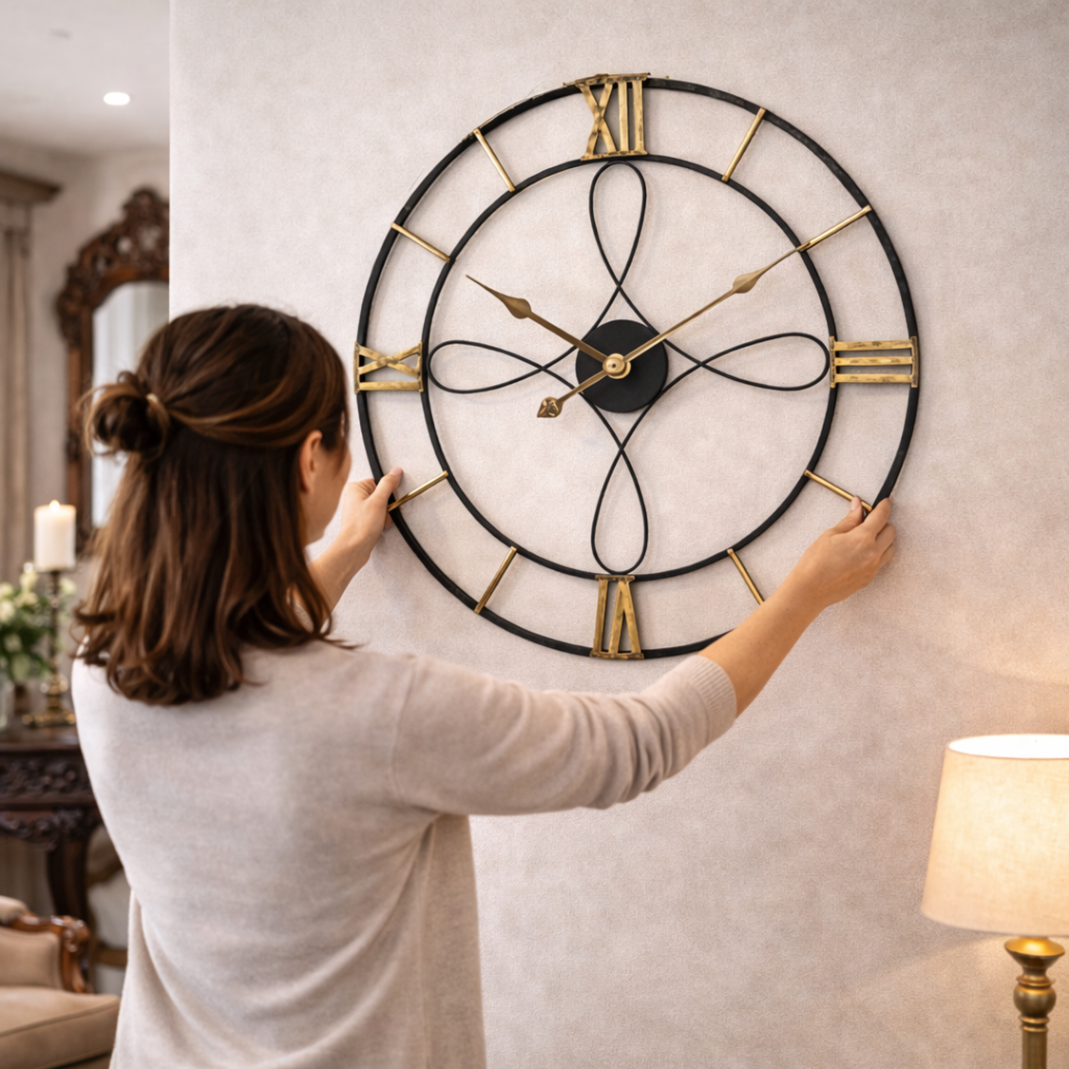 Grande Horloge murale design fer forgé ORBIS 60 cm Noir et Or