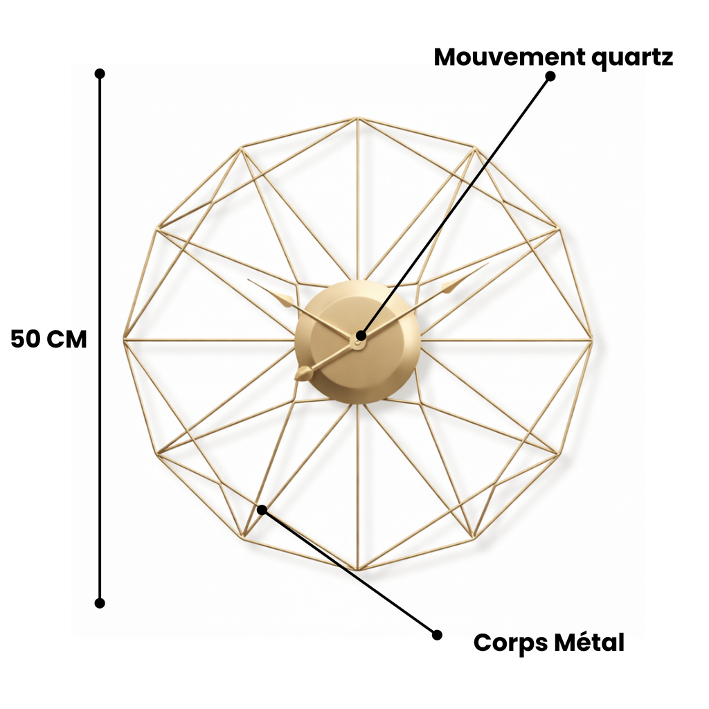 Grande Horloge murale design SOLSTRÅLE 50cm en métal Or et Noir