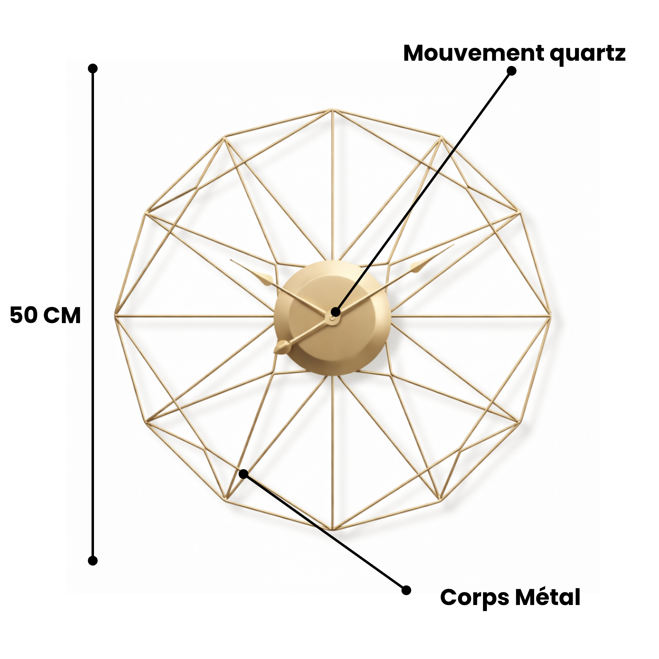 Grande Horloge murale design SOLSTRÅLE 50cm en métal Or et Noir