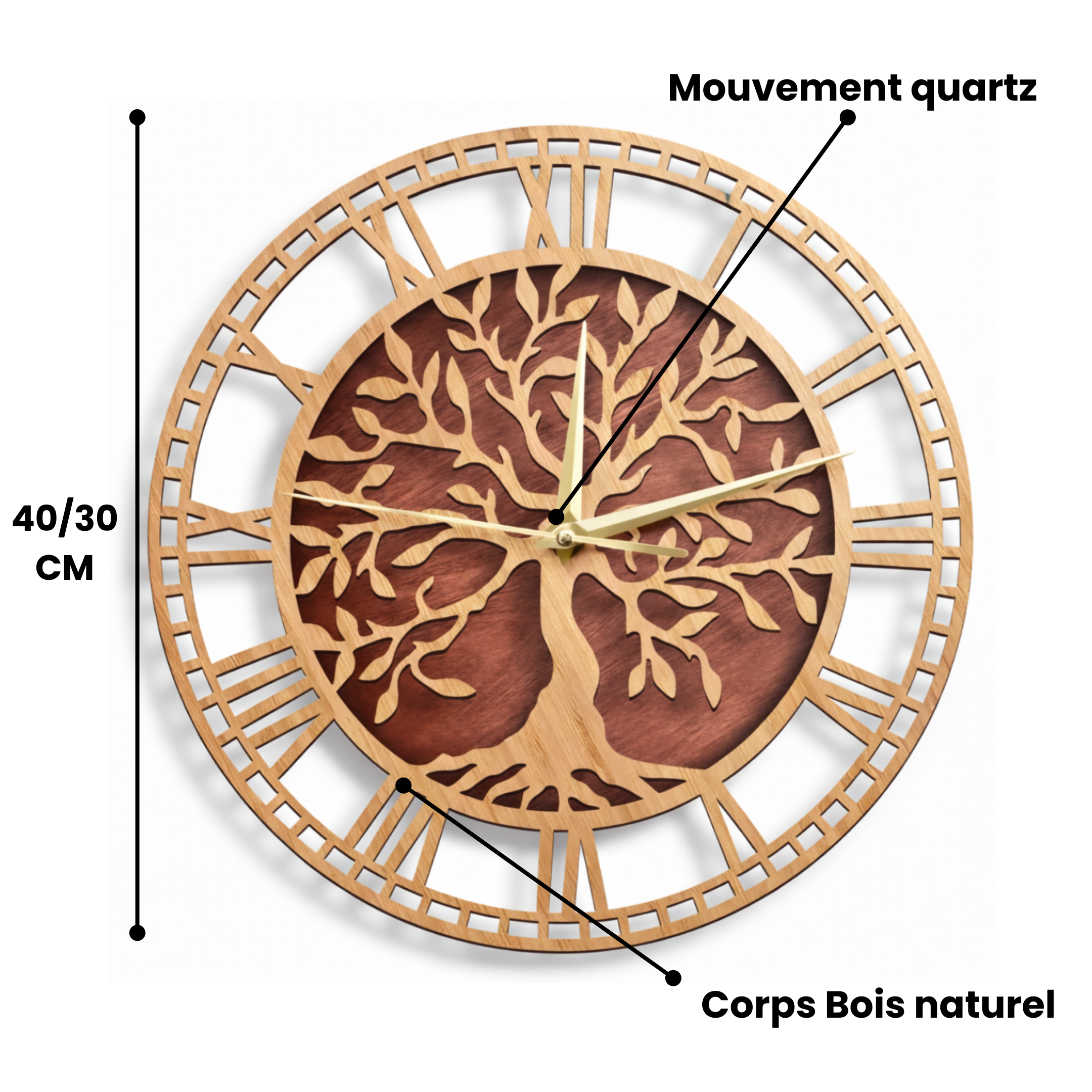 Grande Horloge murale arbre de vie EIK 30/40cm bambou et bois