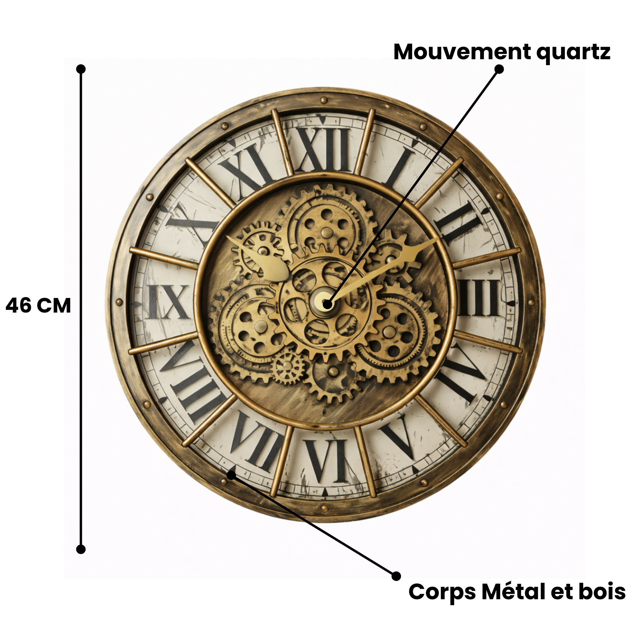Grande Horloge murale design steampunk PÜNK 46cm métal et bois