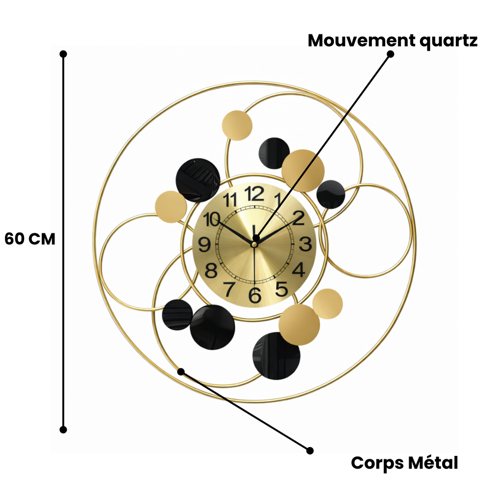 Grande Horloge murale design SIRKLE 60 cm métal or et noir