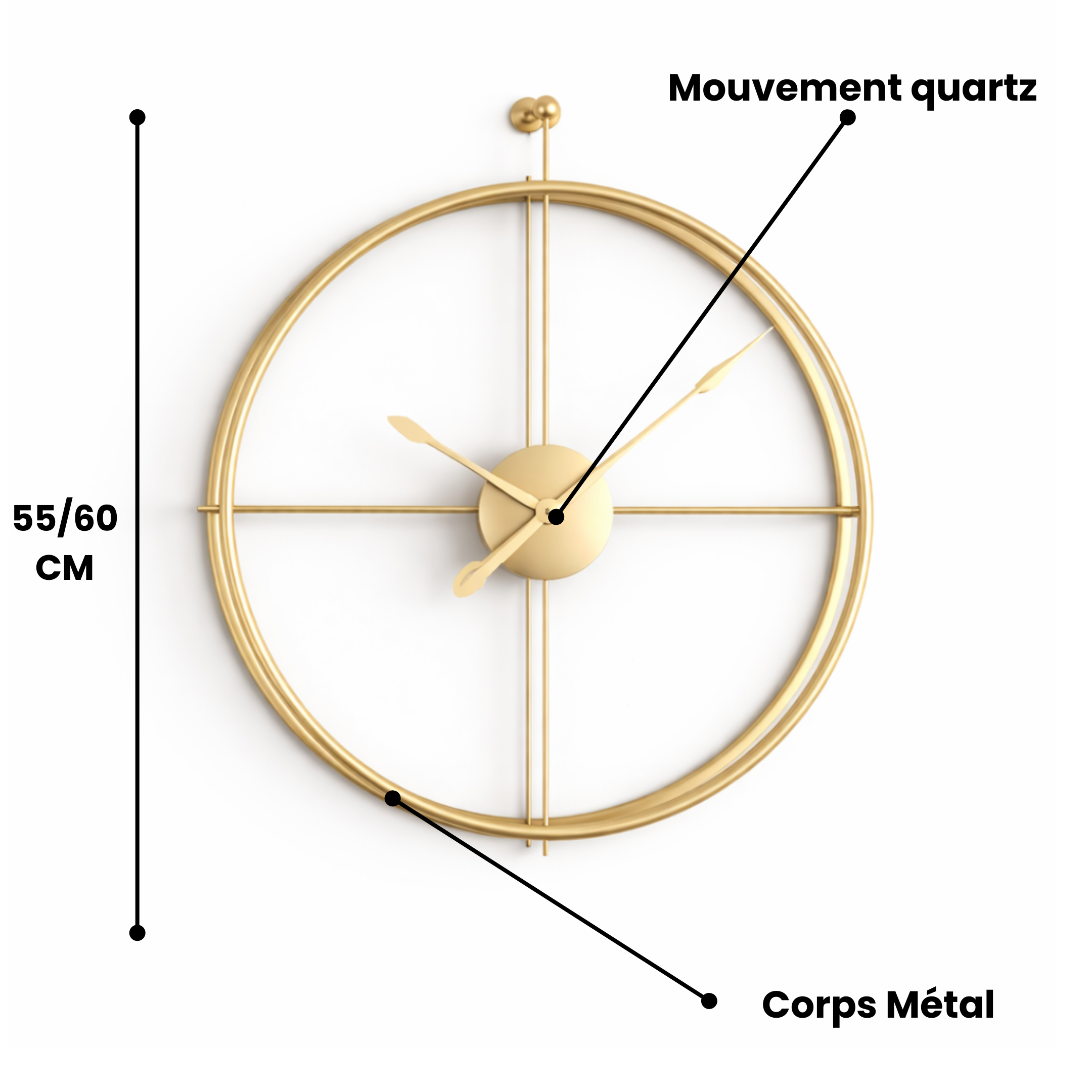 Grande Horloge murale design minimaliste NORDLYS 55/60 cm métal Or