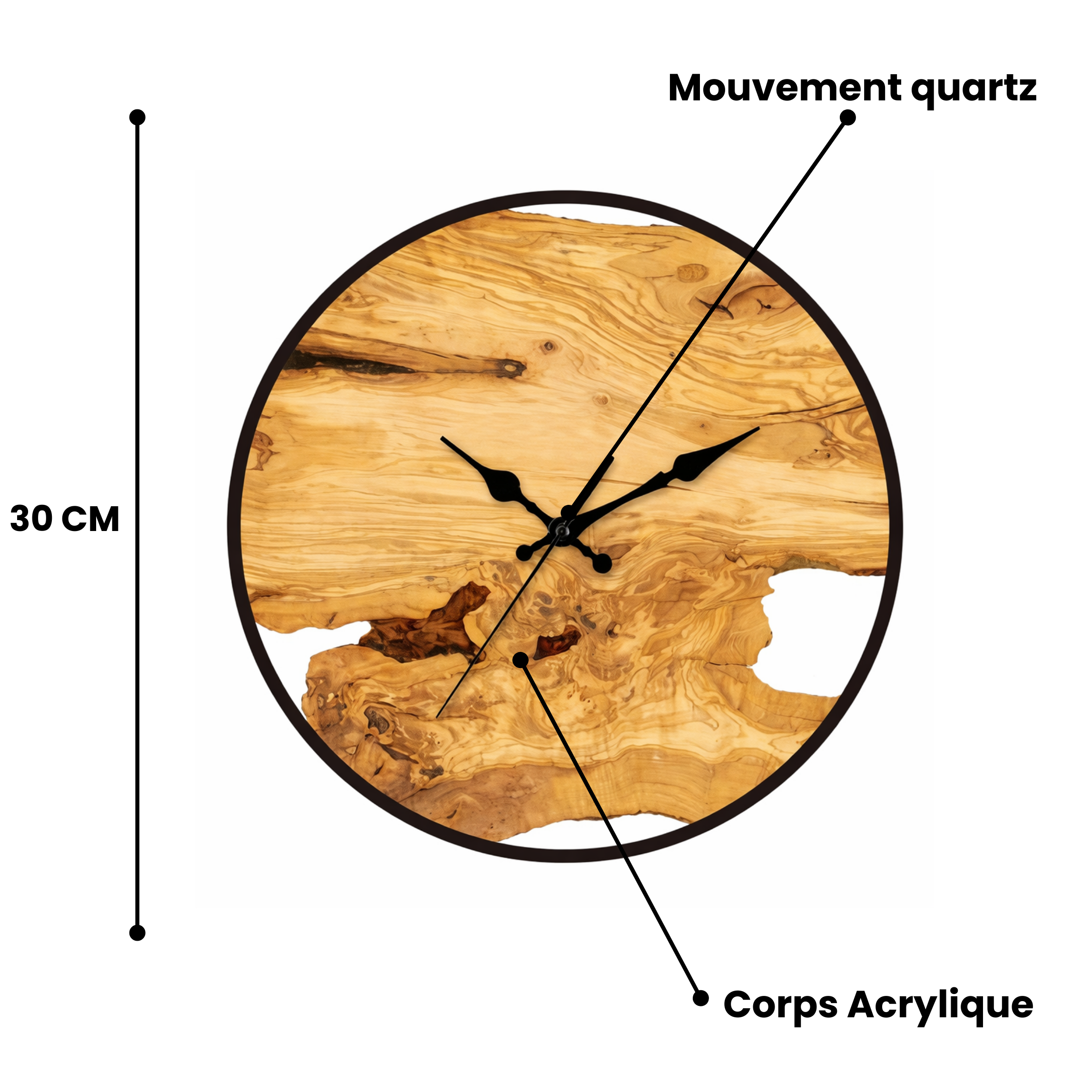 Grande Horloge murale design COUPE acrylique effet bois 30 cm