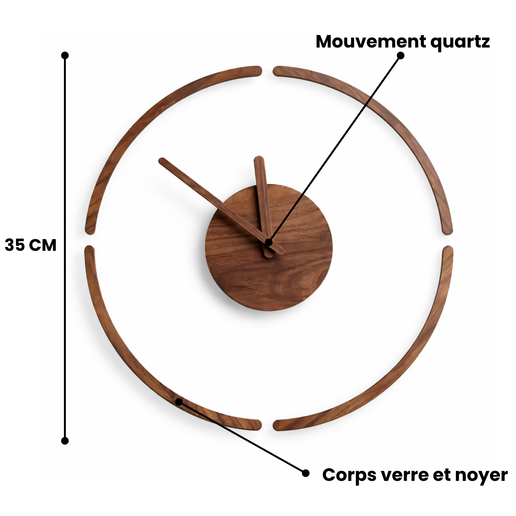 Grande Horloge murale design en noyer WOODY 35 cm